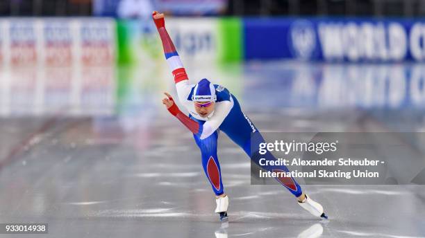 Olga Fatkulina of Russia performs in the Ladies 500m during the ISU World Cup Speed Skating Final at Speed Skating Arena on March 17, 2018 in Minsk,...