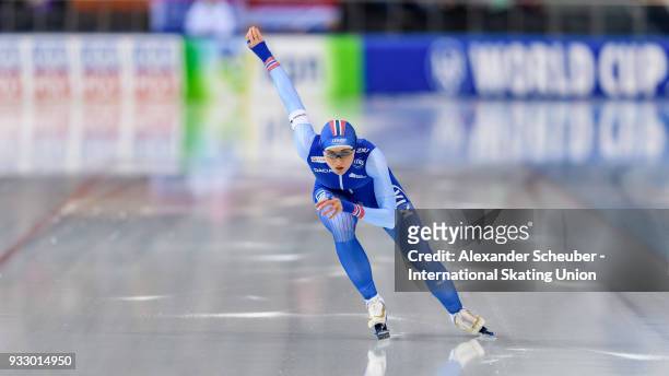 Hege Bokko of Norway performs in the Ladies 500m during the ISU World Cup Speed Skating Final at Speed Skating Arena on March 17, 2018 in Minsk,...