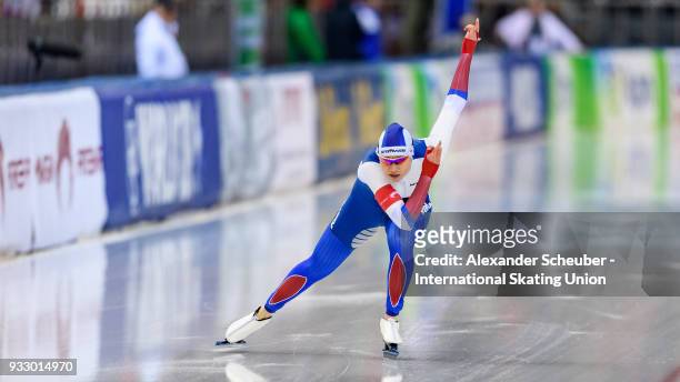 Olga Fatkulina of Russia performs in the Ladies 500m during the ISU World Cup Speed Skating Final at Speed Skating Arena on March 17, 2018 in Minsk,...