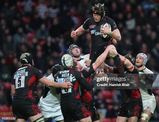 Hugh Vyvyan of Saracens controls a line out during the Guinness Premiership match between Saracens and London Wasps at Vicarage Road on November 22,...