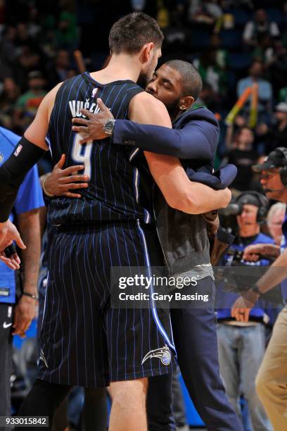 Nikola Vucevic of the Orlando Magic greets Kyrie Irving of the Boston Celtics after the game on March 16, 2018 at Amway Center in Orlando, Florida....