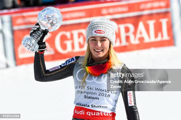 Mikaela Shiffrin of USA wins the globe during the Audi FIS Alpine Ski World Cup Finals Women's Slalom on March 17, 2018 in Are, Sweden.