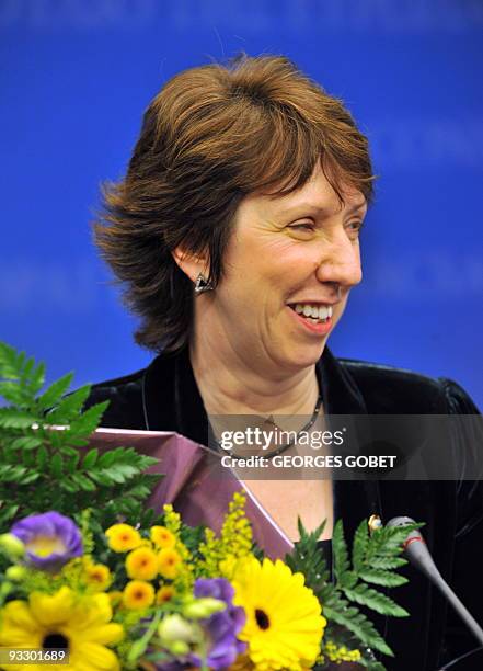 British Catherine Ashton, chosen as EU foreign policy chief, smiles during a presser at the European Council headquarters on November 19, 2009 in...