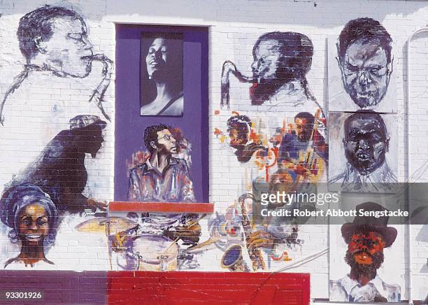 Detail showing the section of 'The Wall of Respect' celebrating jazz, Chicago, IL, 1967. Painted together by Elliott Hunter, Jeff Donaldson, and...