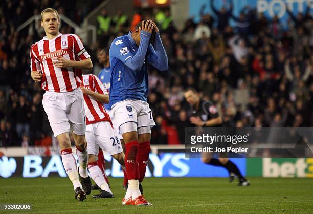 Kevin-Prince Boateng of Portsmouth fails to score from a penalty during the Barclays Premier League match between Stoke City and Portsmouth at...