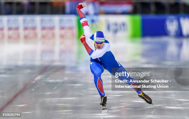 Artyom Kuznetsov of Russia performs in the Mens 500m during the ISU World Cup Speed Skating Final at Speed Skating Arena on March 17, 2018 in Minsk,...