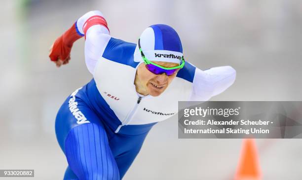 Artyom Kuznetsov of Russia performs in the Mens 500m during the ISU World Cup Speed Skating Final at Speed Skating Arena on March 17, 2018 in Minsk,...