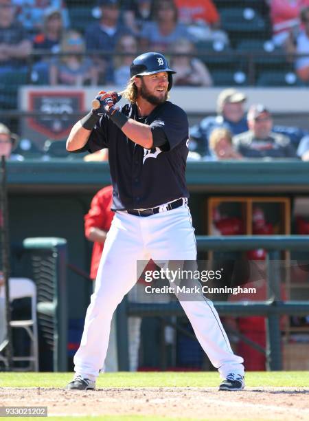 Jarrod Saltalamacchia of the Detroit Tigers bats during the Spring Training game against the Philadelphia Phillies at Publix Field at Joker Marchant...