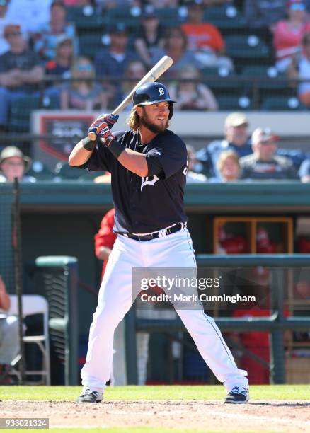 Jarrod Saltalamacchia of the Detroit Tigers bats during the Spring Training game against the Philadelphia Phillies at Publix Field at Joker Marchant...