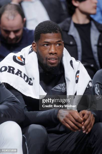 DeAndre Liggins of the New Orleans Pelicans looks on during the game against the Sacramento Kings on March 7, 2018 at Golden 1 Center in Sacramento,...