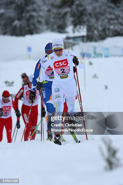 Anna Olsson of Sweden competes in the Women's 4x5km Cross Country Relay Skiing during day two of the FIS World Cup on November 22, 2009 in...