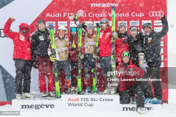 Canadian team wins the globe in the discipline standings during the FIS Freestyle Ski World Cup Men's and Women's Ski Cross finals on March 17, 2018...