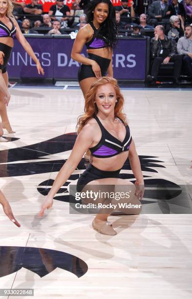 The Sacramento Kings dance team performs during the game against the New Orleans Pelicans on March 7, 2018 at Golden 1 Center in Sacramento,...