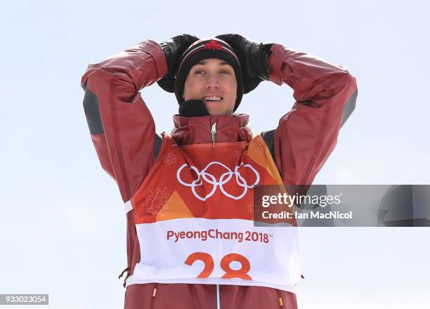 Alex Beaulieu-Marchand of Canada is seen after winning Silver during the Freestyle Skiing Men's slopestyle Aerial Final on day nine of the...