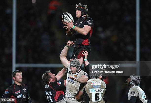 Hugh Vyvyan of Saracens controls a line out during the Guinness Premiership match between Saracens and London Wasps at Vicarage Road on November 22,...