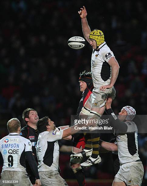 Richard Birkett of Wasps controls a line out during the Guinness Premiership match between Saracens and London Wasps at Vicarage Road on November 22,...