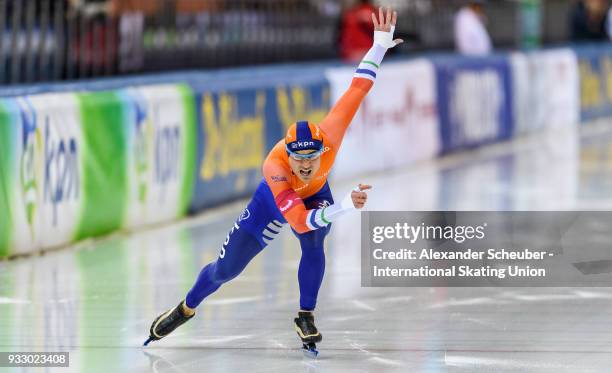 Jan Smeekens of the Netherlands performs in the Mens 500m during the ISU World Cup Speed Skating Final at Speed Skating Arena on March 17, 2018 in...