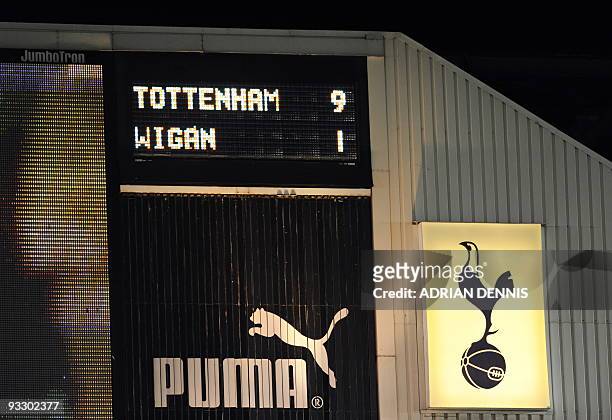 The scoreboard shows the score of the Tottenham Hotspur versus Wigan Athletic during the Premiership match at White Hart Lane in London on November...