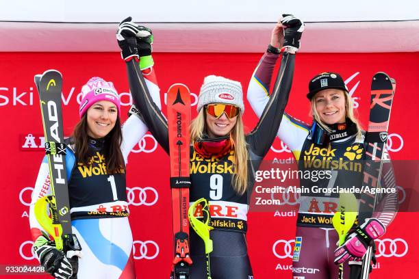 Wendy Holdener of Switzerland takes 2nd place, Mikaela Shiffrin of USA takes 1st place, Frida Hansdotter of Sweden takes 3rd place during the Audi...