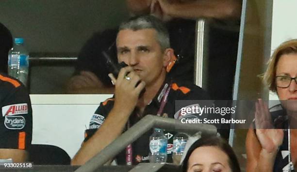 Ivan Cleary, coach of the Tigers reacts in the coaches box during the round two NRL match between the Melbourne Storm and the Wests Tigers at AAMI...