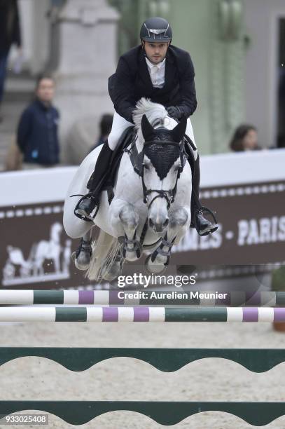 Gregory Wathelet of Belgium on Mjt Nevados s competes during the Saut Hermes at Le Grand Palais on March 17, 2018 in Paris, France.