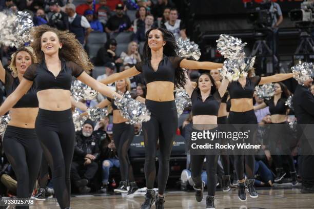 The Sacramento Kings dance team performs during the game against the New Orleans Pelicans on March 7, 2018 at Golden 1 Center in Sacramento,...