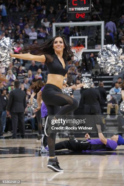 The Sacramento Kings dance team performs during the game against the New Orleans Pelicans on March 7, 2018 at Golden 1 Center in Sacramento,...