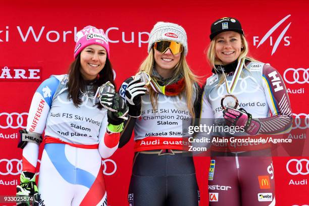 Wendy Holdener of Switzerland takes 2nd place, Mikaela Shiffrin of USA wins the globe, Frida Hansdotter of Sweden takes 3rd place during the Audi FIS...