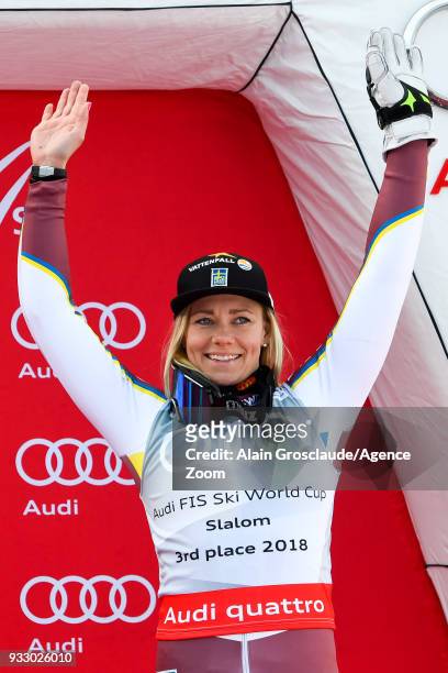 Frida Hansdotter of Sweden celebrates during the Audi FIS Alpine Ski World Cup Finals Women's Slalom on March 17, 2018 in Are, Sweden.