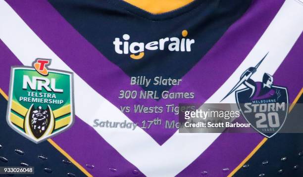 Detail of the jersey worn by Billy Slater of the Melbourne Storm as he plays his 300th game during the round two NRL match between the Melbourne...