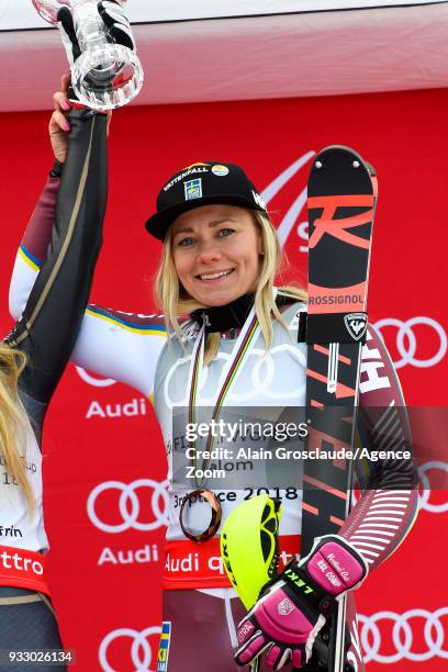 Frida Hansdotter of Sweden celebrates during the Audi FIS Alpine Ski World Cup Finals Women's Slalom on March 17, 2018 in Are, Sweden.