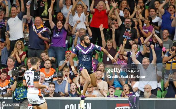 Josh Addo-Carr of the Melbourne Storm celebrates scoring a try which was later disallowed during the round two NRL match between the Melbourne Storm...