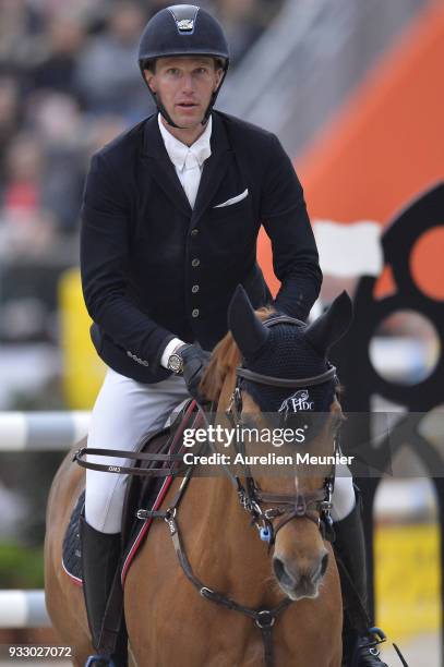 Kevin Staut of France on Ayade de Septon et HDC competes during the Saut Hermes at Le Grand Palais on March 17, 2018 in Paris, France.