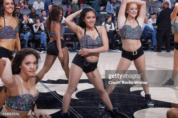 The Sacramento Kings dance team performs during the game against the New Orleans Pelicans on March 7, 2018 at Golden 1 Center in Sacramento,...