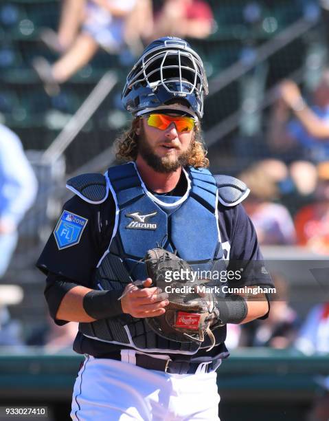 Jarrod Saltalamacchia of the Detroit Tigers looks on during the Spring Training game against the Philadelphia Phillies at Publix Field at Joker...