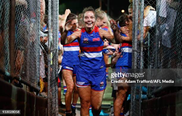 Ellie Blackburn of the Bulldogs celebrates after making it through to the grand final during the 2018 AFLW Round 07 match between the Western...