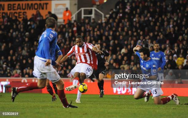 Ricardo Fuller of Stoke scores during the Barclays Premier League match between Stoke City and Portsmouth at The Britannia Stadium on November 22,...