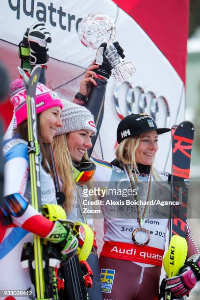 Wendy Holdener of Switzerland takes 2nd place, Mikaela Shiffrin of USA wins the globe, Frida Hansdotter of Sweden takes 3rd place during the Audi FIS...