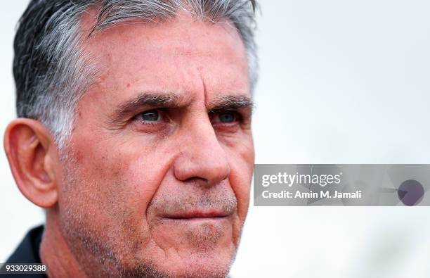 Carlos Queiroz head coach of Iran looks on during the International Friendly bwtween Iran and Sierra Leone at Azadi Stadium on March 17, 2018 in...