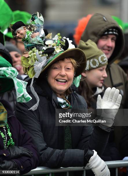 Spectators join in the fun as the annual Saint Patrick's day parade takes place on March 17, 2018 in Dublin, Ireland. Dublin hosts the largest Saint...