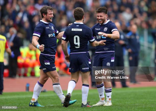 Greig Laidlaw of Scotland and his team mates celebrate victory after the NatWest Six Nations match between Italy and Scotland at Stadio Olimpico on...