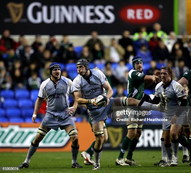 Tim Swinson of Newcastle claims a lineout ball during the Guinness Premiership match between London Irish and Newcastle Falcons at the Madjeski...