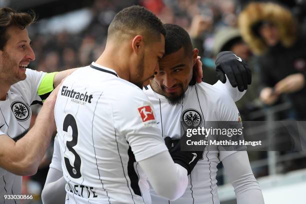 Kevin Prince-Boateng of Frankfurt celebrates with Simon Falette of Frankfurt after he scored a goal to make it 1:0 during the Bundesliga match...