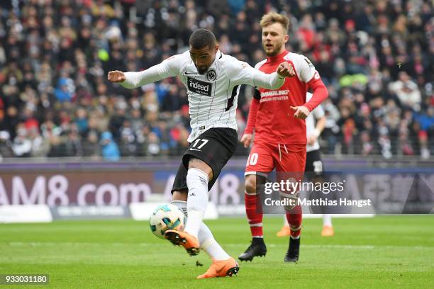 Kevin Prince-Boateng of Frankfurt shoots on target to score a goal to make it 1:0 during the Bundesliga match between Eintracht Frankfurt and 1. FSV...