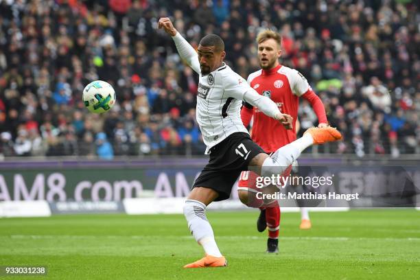 Kevin Prince-Boateng of Frankfurt shoots on target to score a goal to make it 1:0 during the Bundesliga match between Eintracht Frankfurt and 1. FSV...