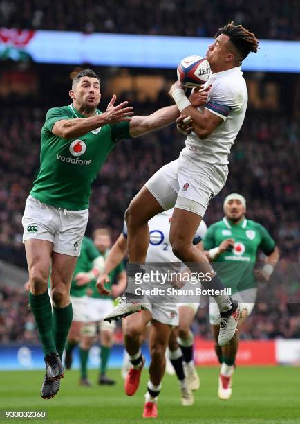 Anthony Watson of England fumbles the ball while later leads to Ireland scoring a try during the NatWest Six Nations match between England and...