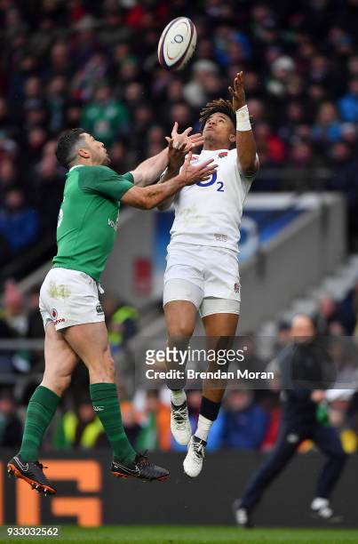 London , United Kingdom - 17 March 2018; Anthony Watson of England in action against Rob Kearney of Ireland during the NatWest Six Nations Rugby...