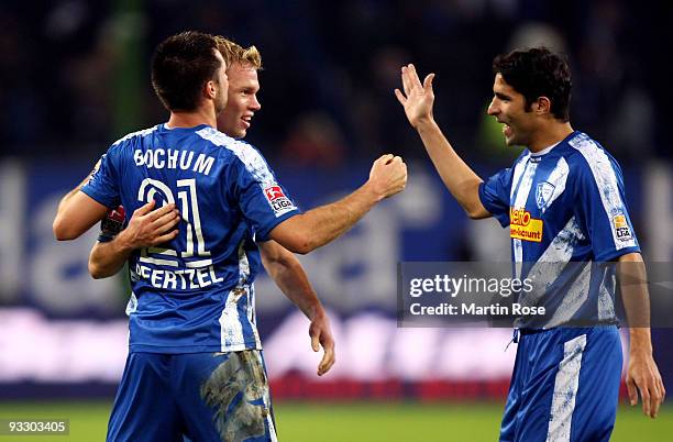 Dennis Grote of Bochum celebrate with his team mates after the Bundesliga match between Hamburger SV and VfL Bochum at the HSH Nordbank Arena on...