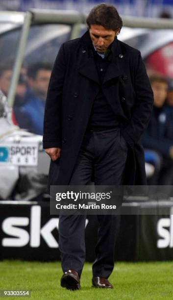 Bruno Labbadia, head coach of Hamburg reacts during the Bundesliga match between Hamburger SV and VfL Bochum at the HSH Nordbank Arena on November...