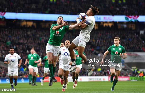 London , United Kingdom - 17 March 2018; Anthony Watson of England is tackled by Rob Kearney of Ireland during the NatWest Six Nations Rugby...